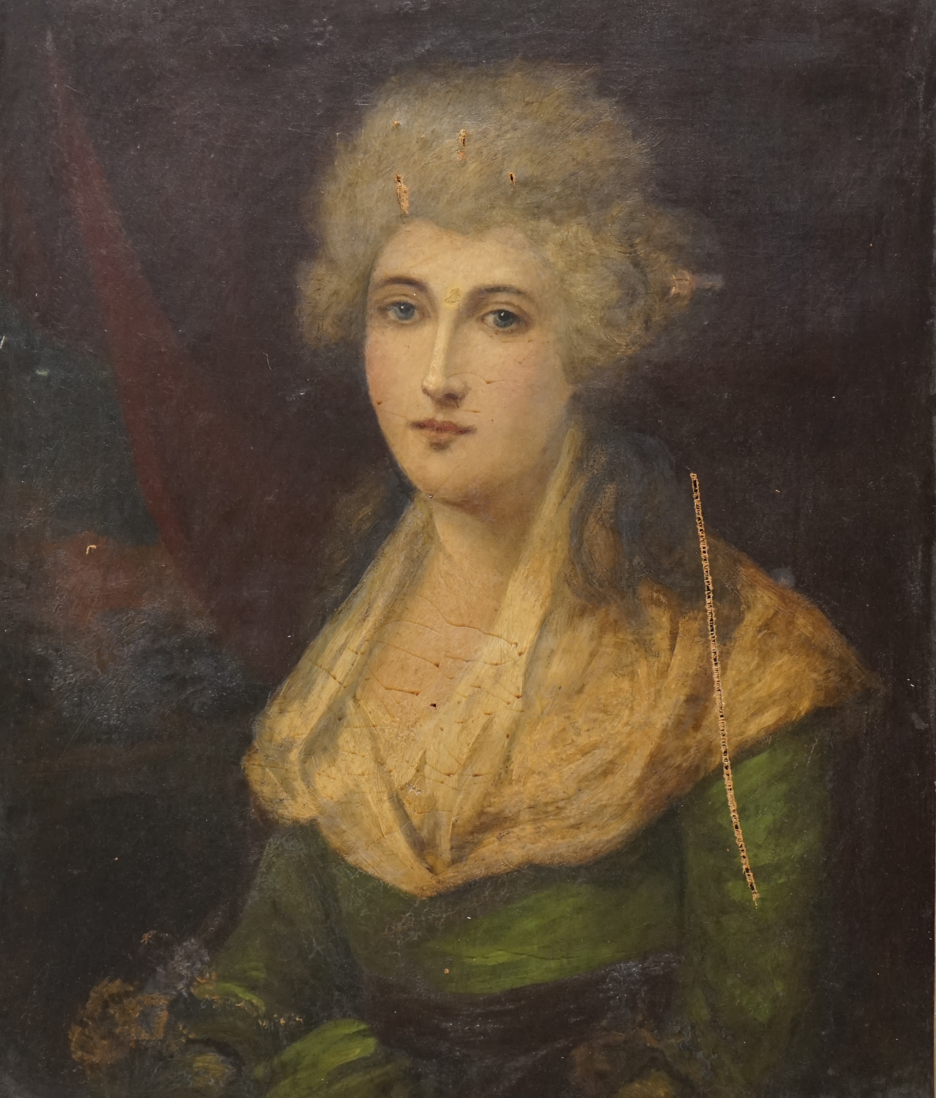 Late 18th century, English School, oil on canvas, Portrait of a lady, unsigned, 73 x 61cm, gilt framed. Condition - poor